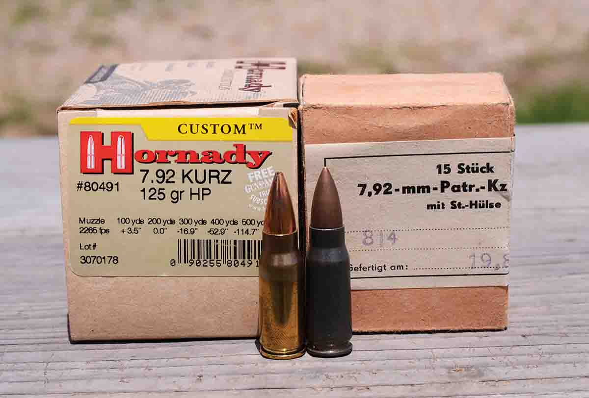 Mike tried both these factory loads in his MP44. At left is a Hornady load made for Graf & Sons. At right is East German military production.